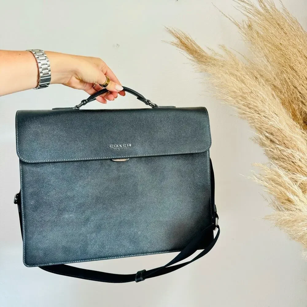 COACH Graham Flap Brief Black Leather Travel Shoulder Bag Briefcase Suede Lined